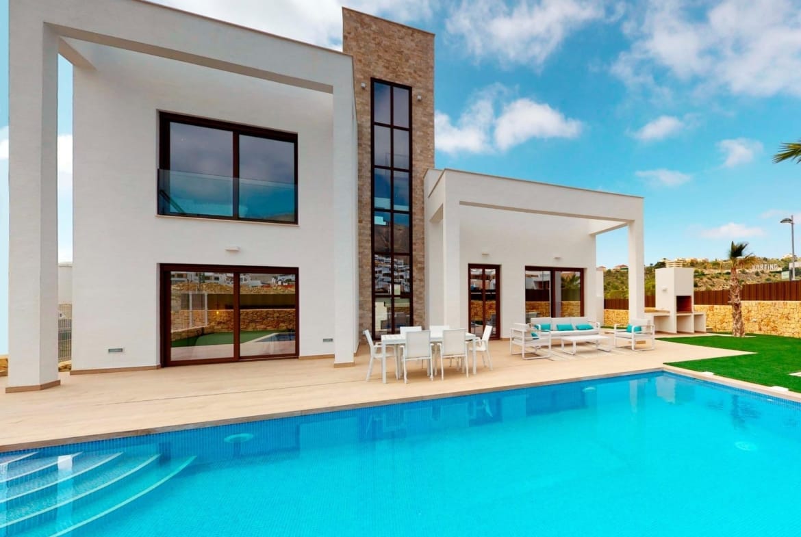 Villa façade beside the private swimming pool in Campana Garden, Finestrat, Alicante