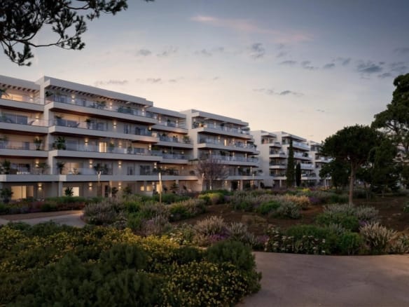 Evening rendering of apartments and landscaped gardens in El Verger, Alicante