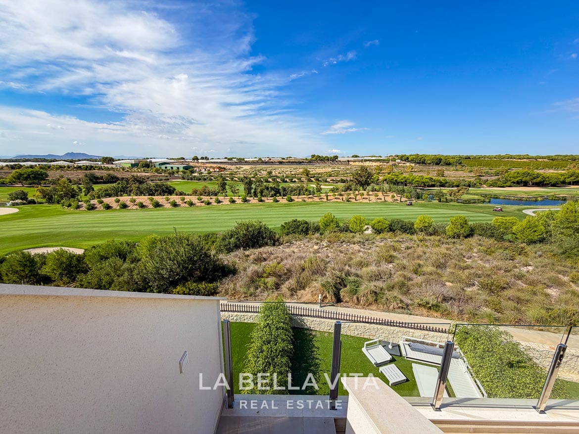 Modern Resale Apartment fot sale in Lo Romero Golf, Pilar de la Horadada, Alicante-35 View from the solarium stairs over the terrace edge and Lo Romero Golf fairway