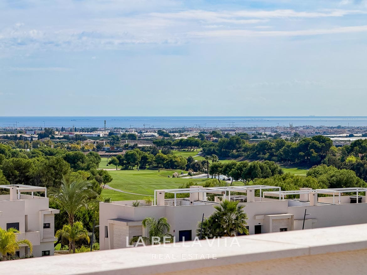 Modern Resale Apartment fot sale in Lo Romero Golf, Pilar de la Horadada, Alicante-38 Elevated view from the solarium across Lo Romero Golf towards the coast
