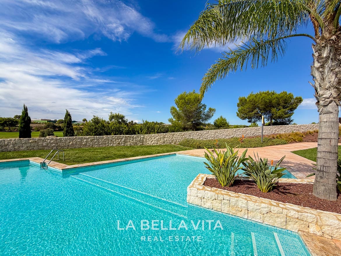 Modern Resale Apartment fot sale in Lo Romero Golf, Pilar de la Horadada, Alicante-45 Palm tree and raised planting beside the communal swimming pool and garden path