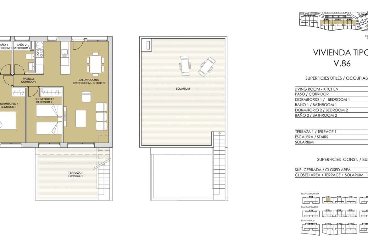Floor plan of the two-bedroom, two-bathroom penthouse with an open-plan living area, terrace and roof solarium