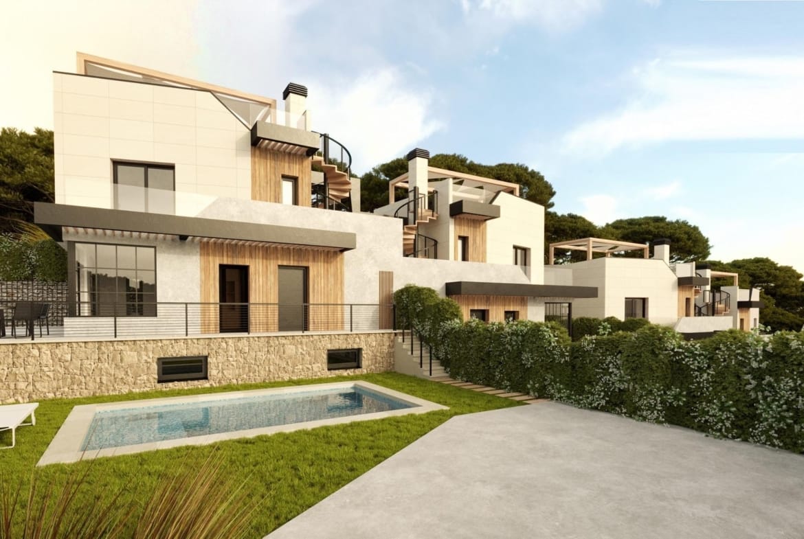 Rendering of homes with private pools and gardens in the Polop development, Alicante