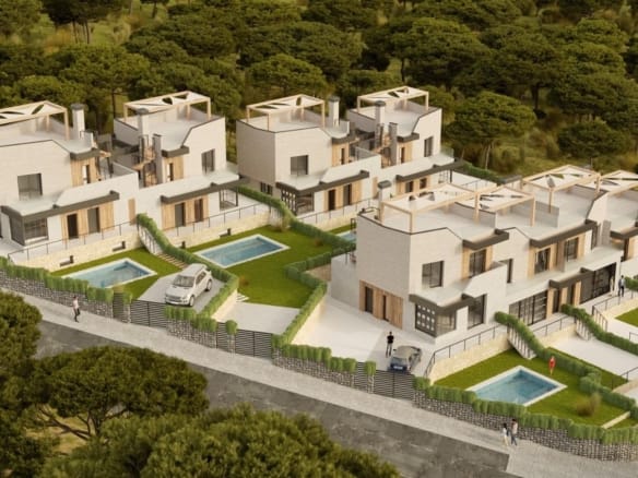 Aerial rendering of the residential development with private pools in Polop, Alicante