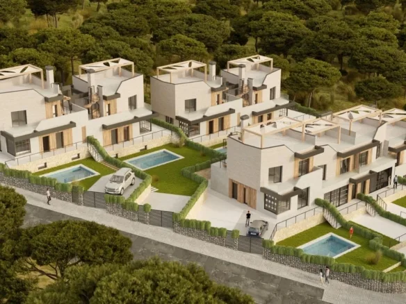 Aerial rendering of the residential development with private pools in Polop, Alicante