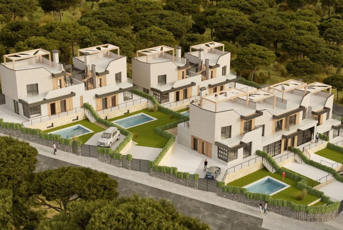 Aerial rendering of the residential development with private pools in Polop, Alicante