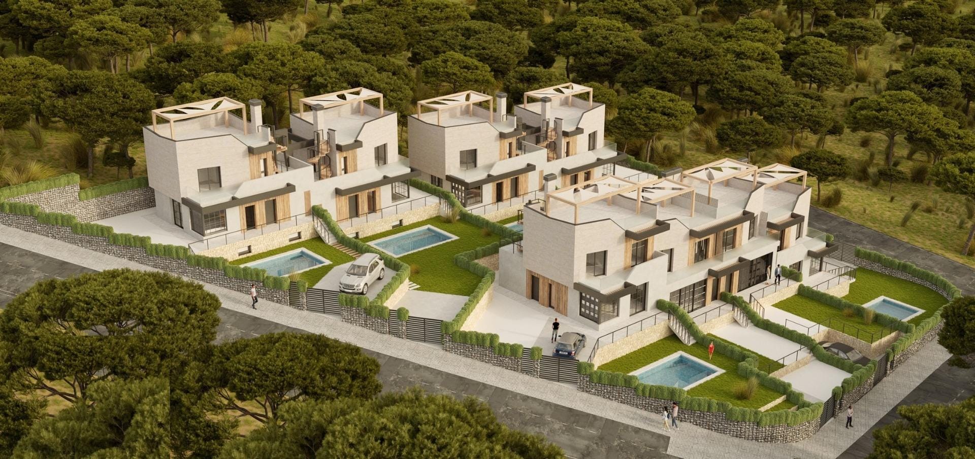 Aerial rendering of the residential development with private pools in Polop, Alicante