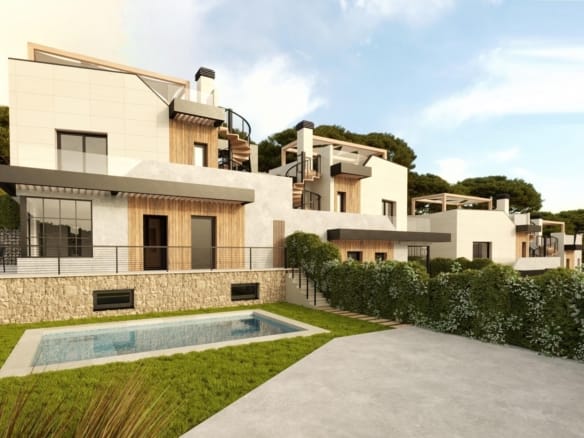 Developer visualisation of townhouses with private gardens, terraces and pools in Polop, Costa Blanca