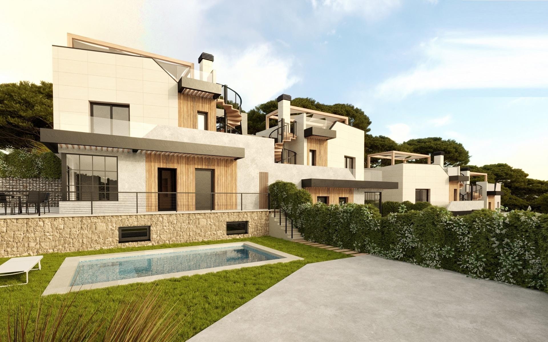 Developer visualisation of townhouses with private gardens, terraces and pools in Polop, Costa Blanca