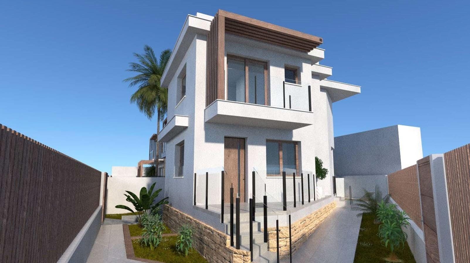 NEW-BUILD-VILLA-IN-LOS-ALCAZARES-1 Rendering of a semi-detached villa with a garden and upper terrace in Los Alcázares, Murcia
