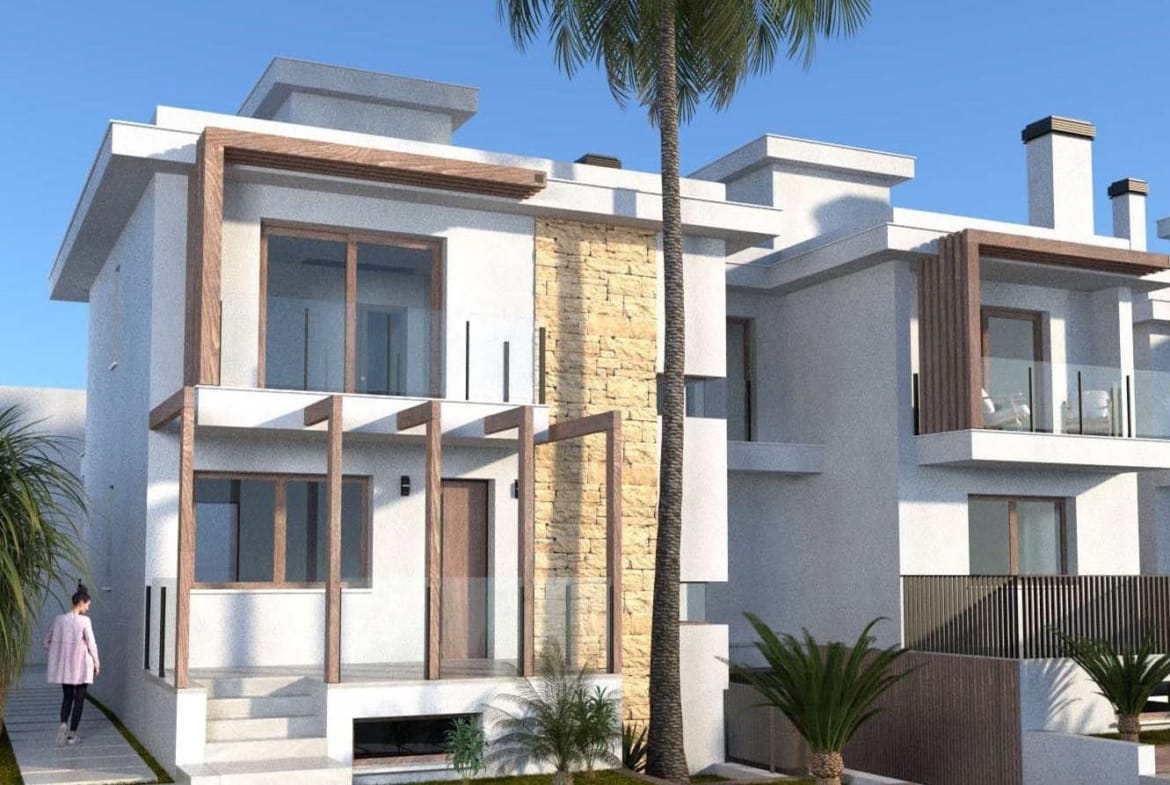 Front exterior rendering of semi-detached villas with basement garages in Los Alcázares, Murcia