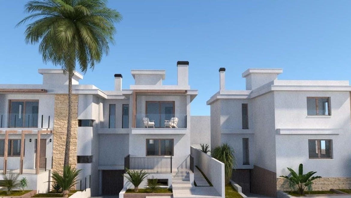 Rendering of paired semi-detached villas and garage access ramps in Los Alcázares, Murcia