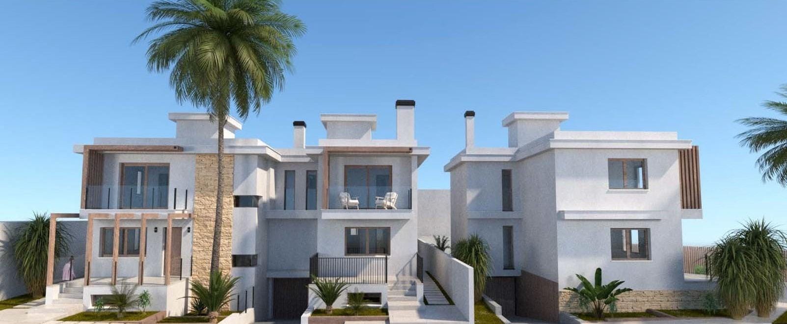 NEW-BUILD-VILLA-IN-LOS-ALCAZARES-3 Rendering of paired semi-detached villas and garage access ramps in Los Alcázares, Murcia