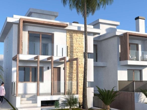 Front exterior rendering of semi-detached villas with basement garages in Los Alcázares, Murcia