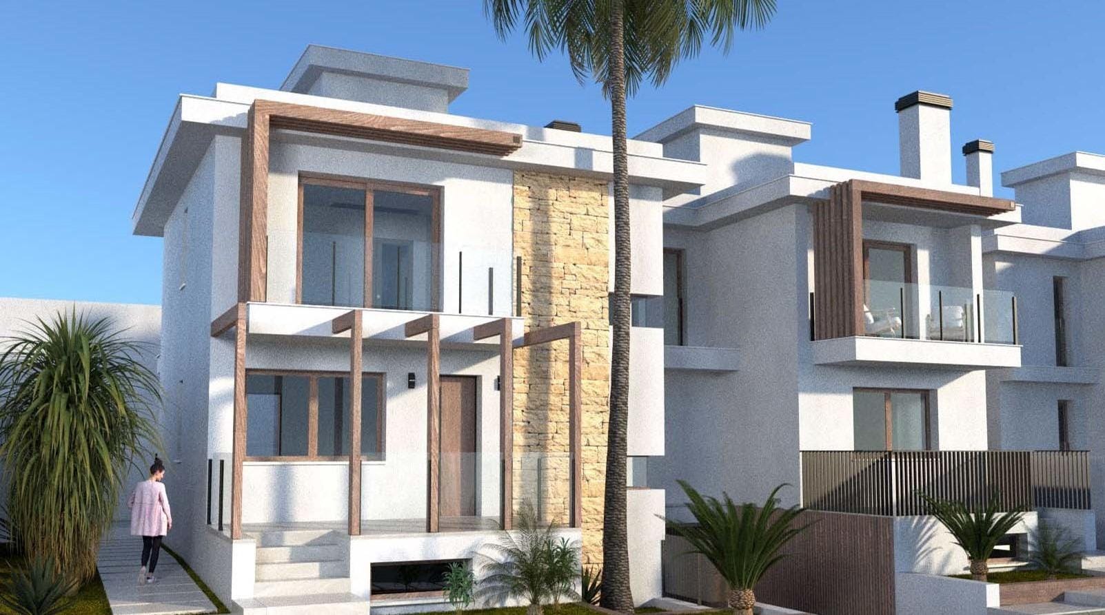 NEW BUILD VILLA IN LOS ALCAZARES Front exterior rendering of semi-detached villas with basement garages in Los Alcázares, Murcia