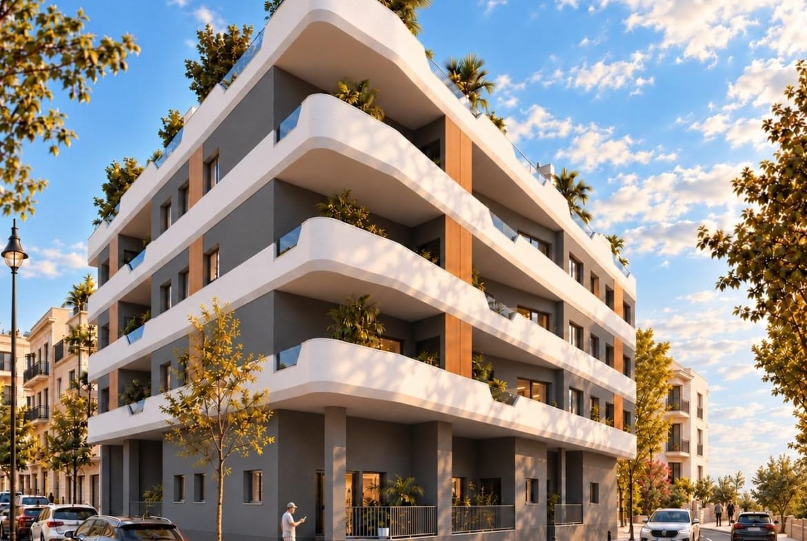 Apartment block with curved white balconies and a planted facade in Santa Pola, Alicante