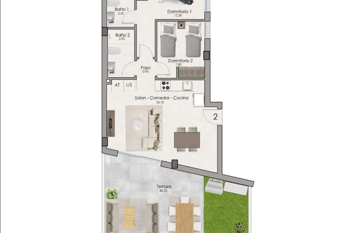 Penthouse Floor Plan showing 2 bedrooms and a terrace in Santa Pola, Alicante