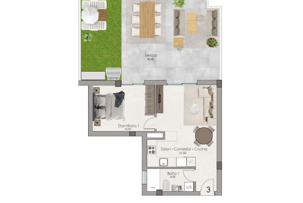 Penthouse Floor Plan showing 1 bedroom and a terrace in Santa Pola, Alicante