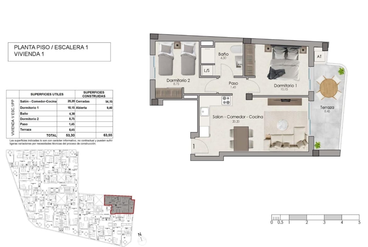 Apartment Floor Plan showing 2 bedrooms and a terrace in Santa Pola, Alicante