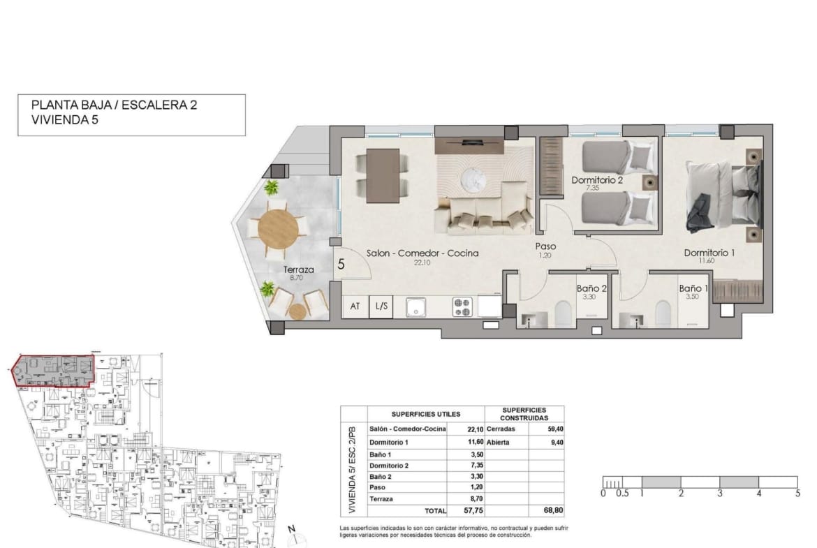 Ground Floor Apartment Plan showing 2 bedrooms and a terrace in Santa Pola, Alicante