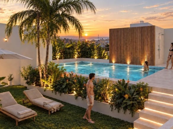 Communal rooftop pool at sunset with loungers and illuminated steps in Santa Pola, Alicante