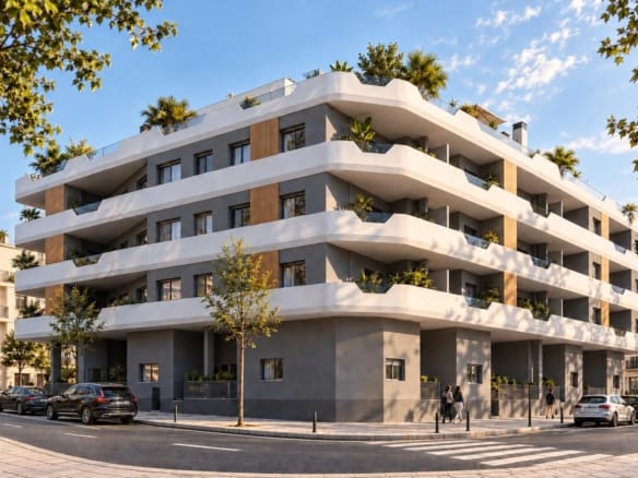 Apartment building with wraparound white balconies at a street junction in Santa Pola, Alicante