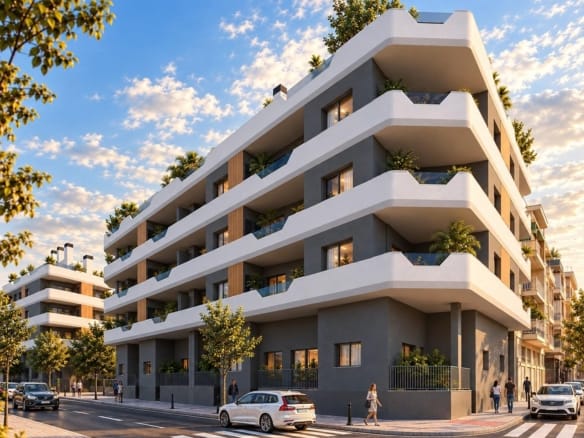 Street-level apartment building with balconies, planting and pedestrians in Santa Pola, Alicante