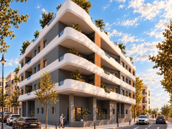 Apartment block with curved white balconies and a planted facade in Santa Pola, Alicante
