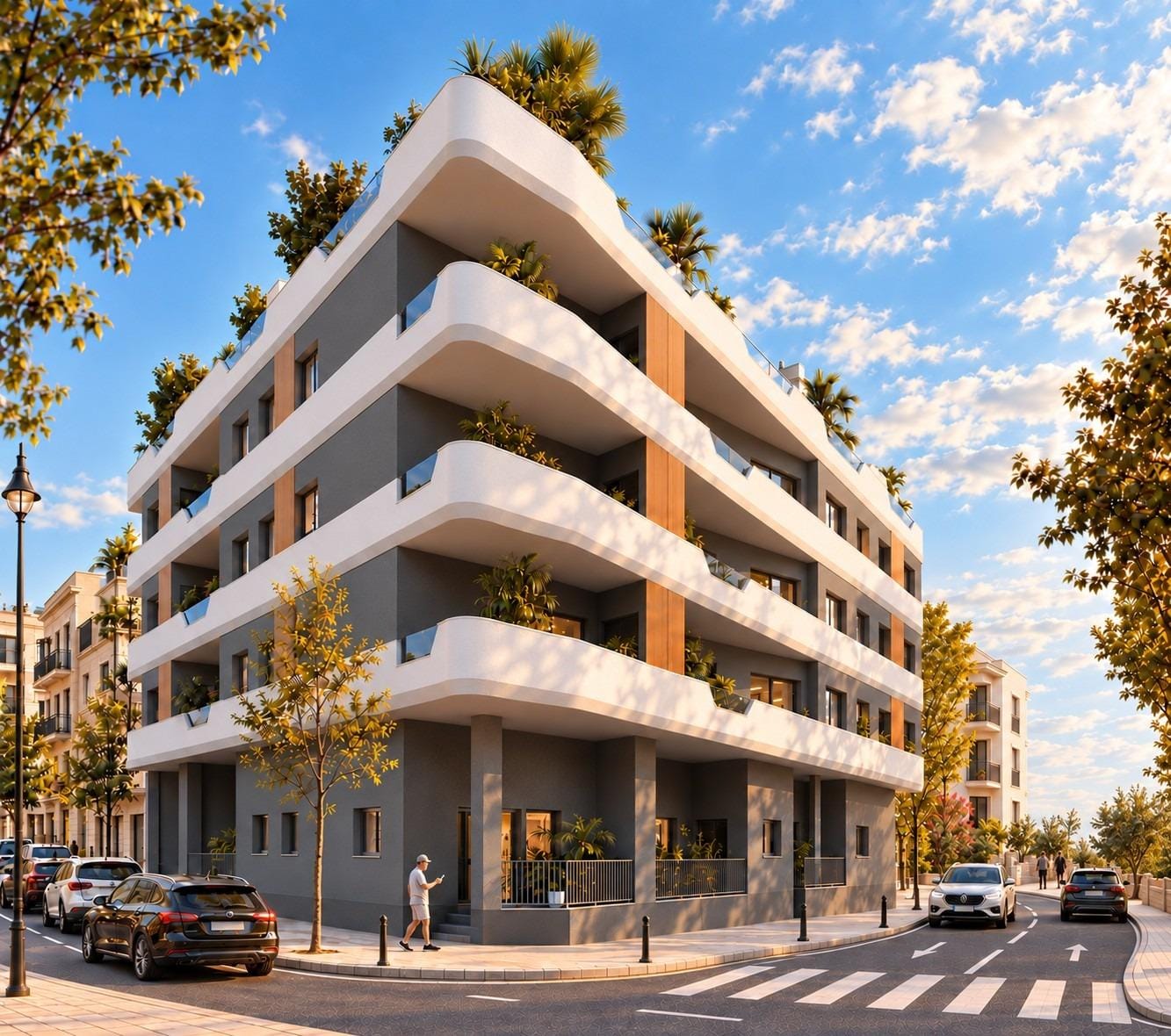 New Build Apartments in Central Santa Pola Near the Beach Apartment block with curved white balconies and a planted facade in Santa Pola, Alicante
