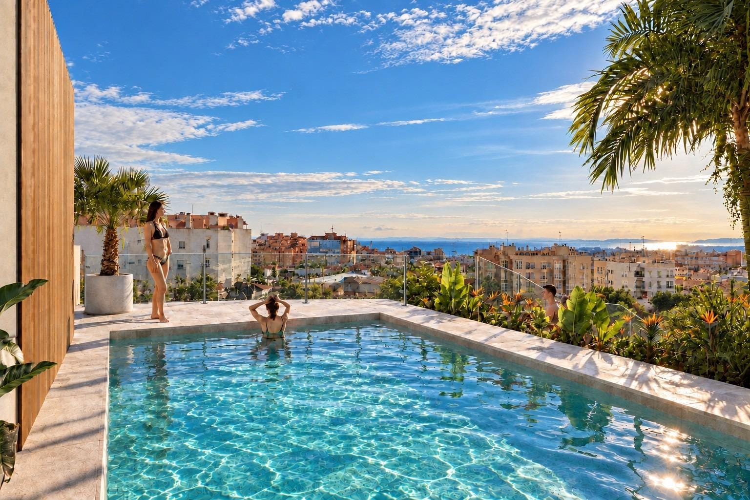 New-Build-Apartments-in-Central-Santa-Pola-Near-the-Beach-2 Communal rooftop pool with glass railing and town skyline in Santa Pola, Alicante