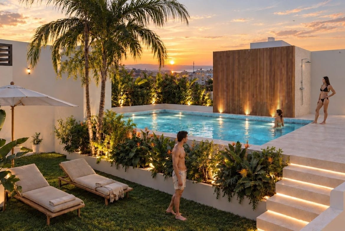 Communal rooftop pool at sunset with loungers and illuminated steps in Santa Pola, Alicante