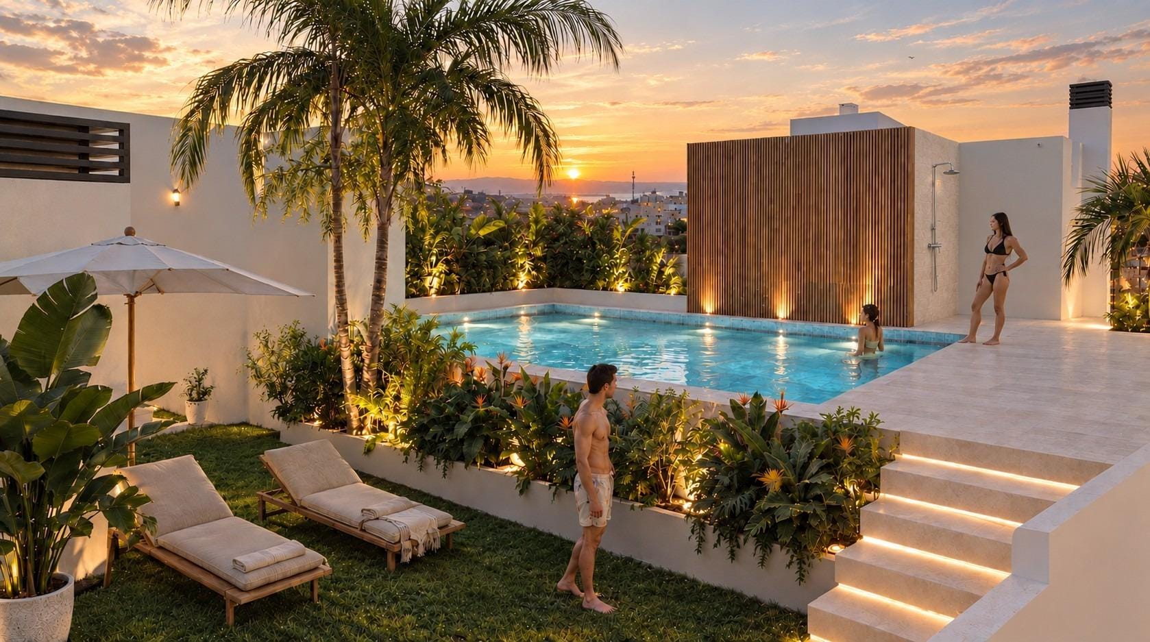 New-Build-Apartments-in-Central-Santa-Pola-Near-the-Beach-2 Communal rooftop pool at sunset with loungers and illuminated steps in Santa Pola, Alicante