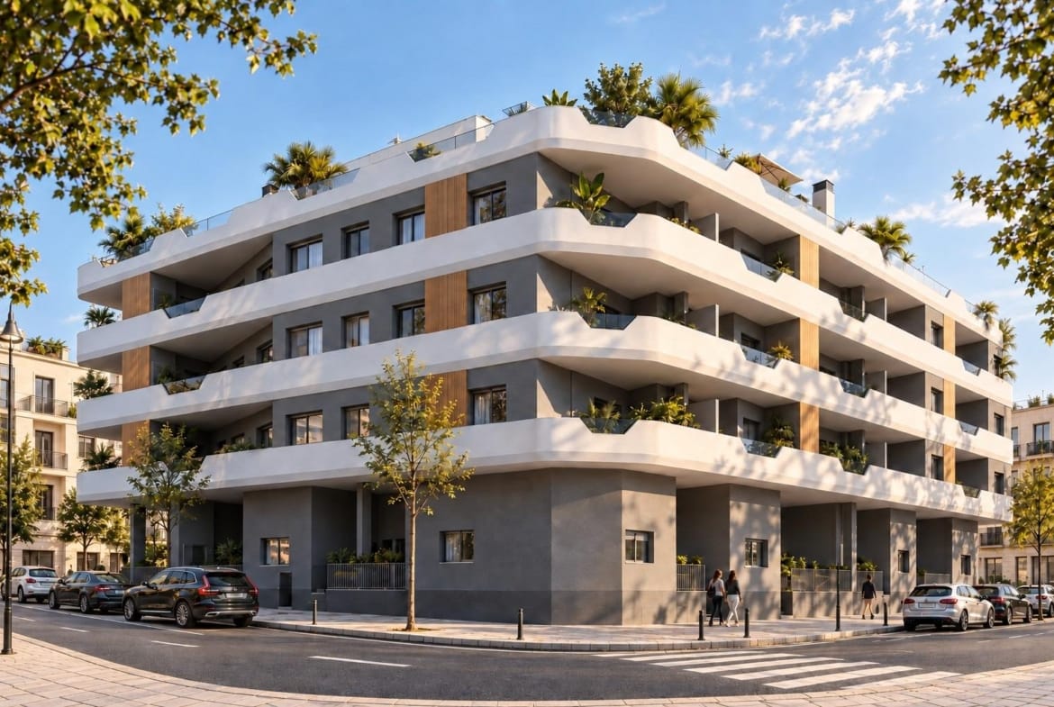 Apartment building with wraparound white balconies at a street junction in Santa Pola, Alicante
