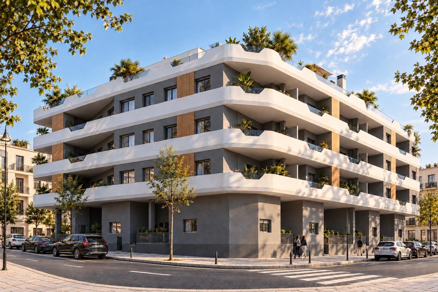 New-Build-Apartments-in-Central-Santa-Pola-Near-the-Beach-3 Apartment building with wraparound white balconies at a street junction in Santa Pola, Alicante
