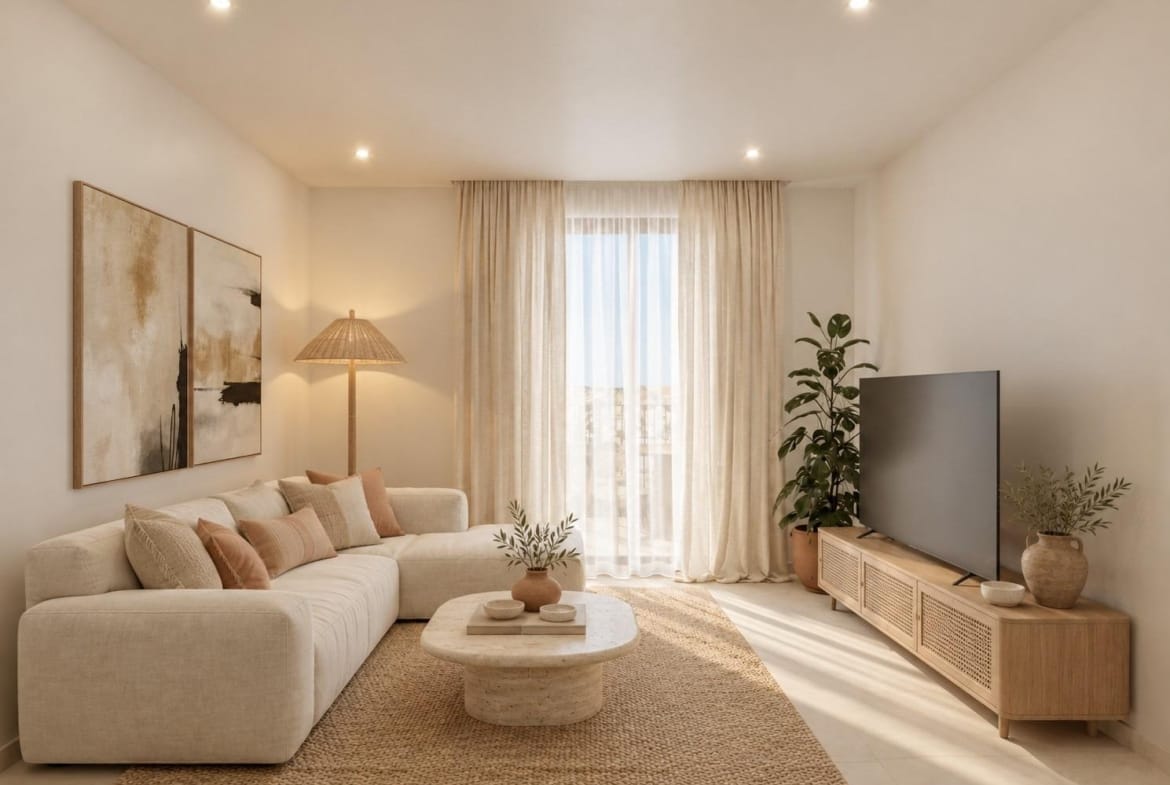 Apartment living room with pale sofa and glazed terrace doors in Santa Pola, Alicante