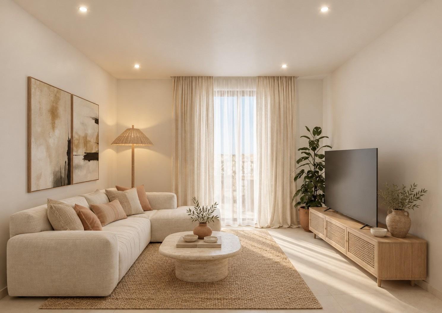 Apartment living room with pale sofa and glazed terrace doors in Santa Pola, Alicante