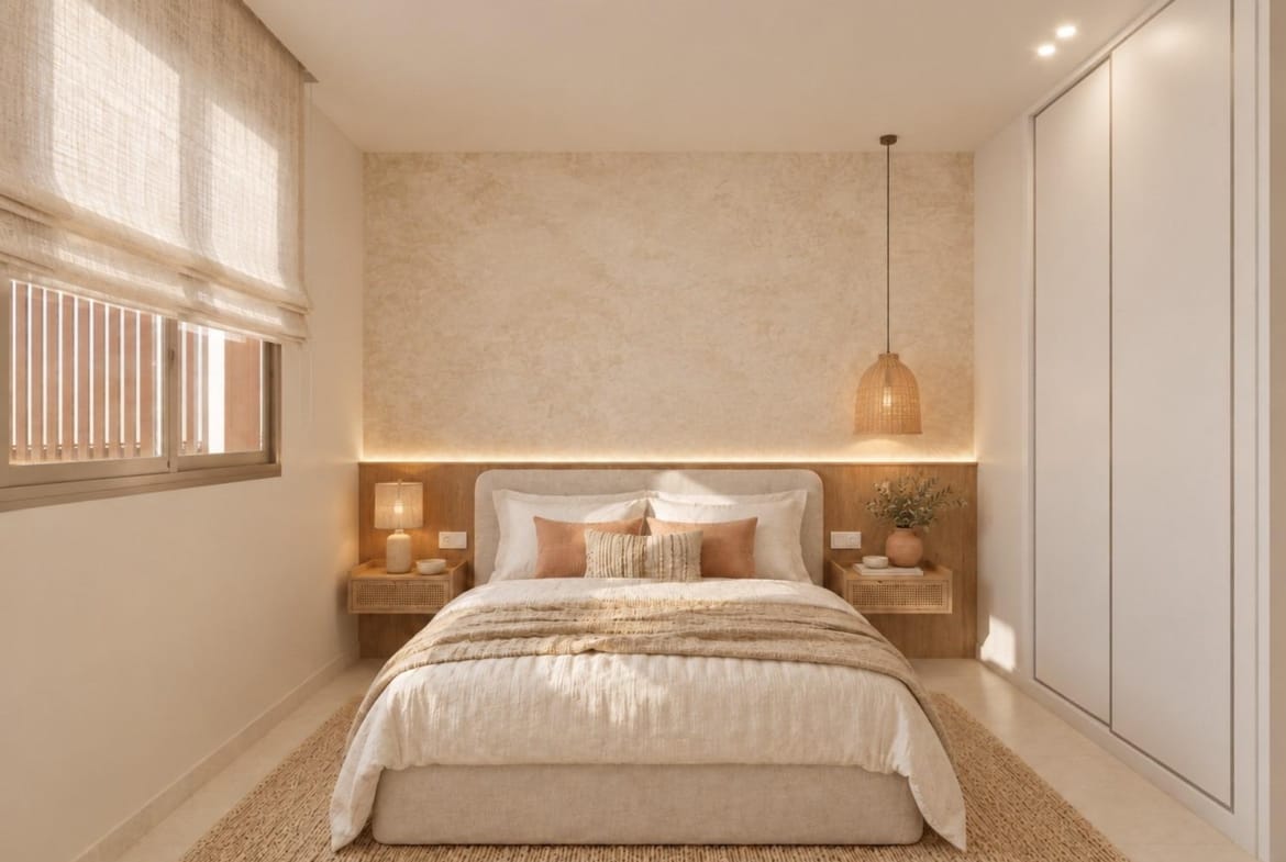 Double bedroom with wardrobe and pendant lights in Santa Pola, Alicante