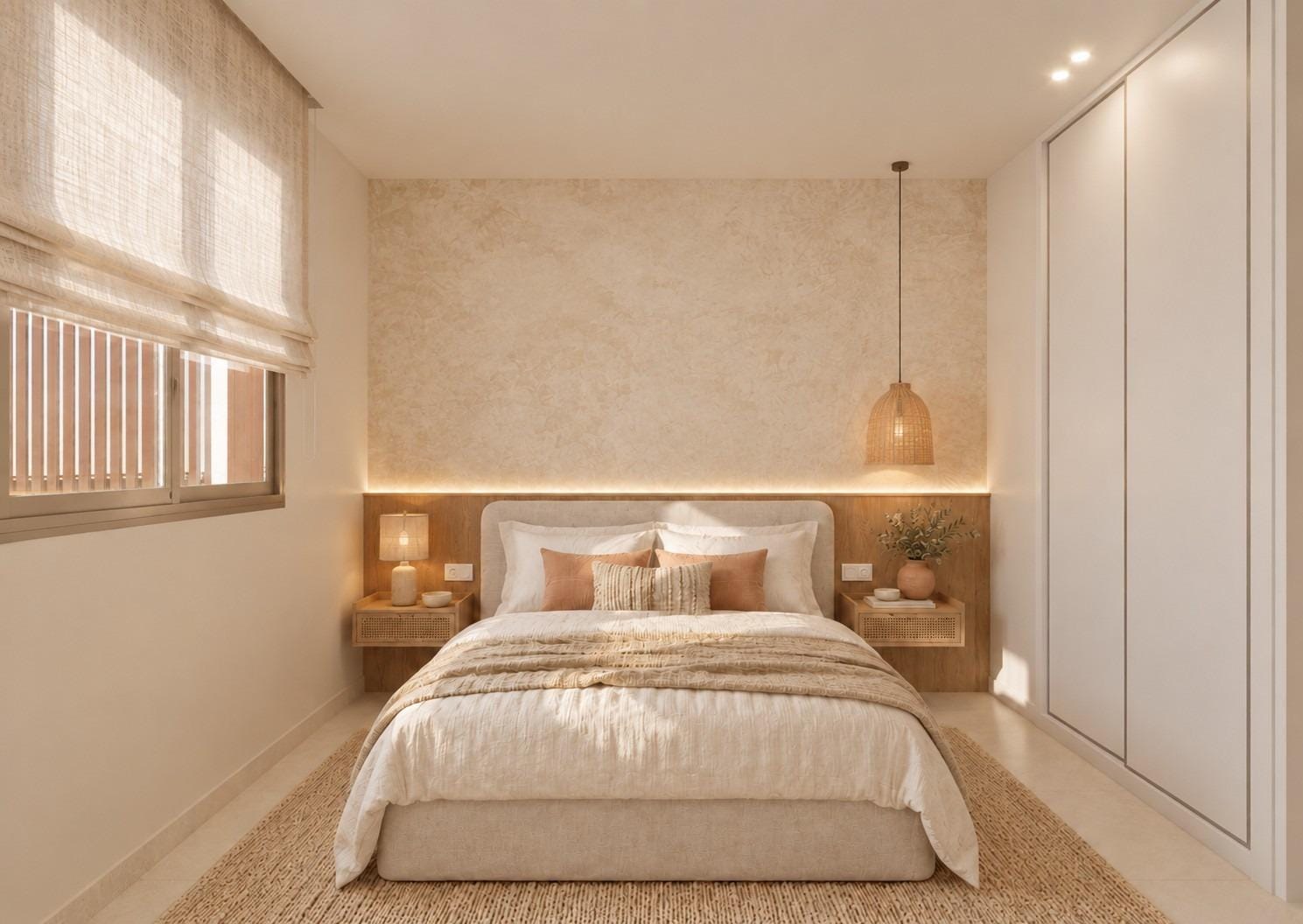New-Build-Apartments-in-Central-Santa-Pola-Near-the-Beach-6 Double bedroom with wardrobe and pendant lights in Santa Pola, Alicante