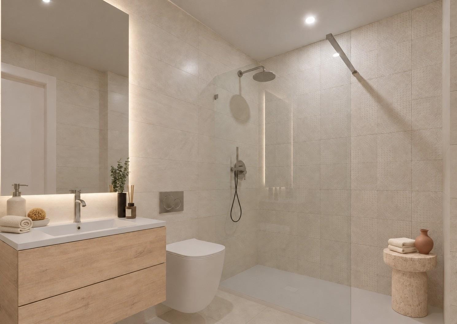 New-Build-Apartments-in-Central-Santa-Pola-Near-the-Beach-6 Bathroom with wood-fronted vanity and glazed shower in Santa Pola, Alicante