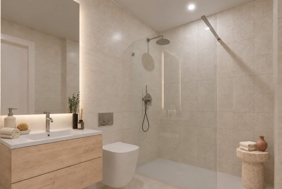 Bathroom with wood-fronted vanity and glazed shower in Santa Pola, Alicante