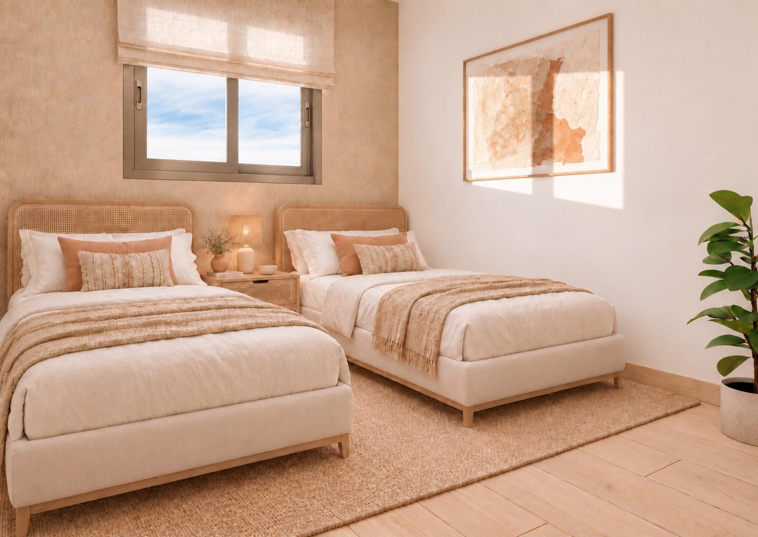 New-Build-Apartments-in-Central-Santa-Pola-Near-the-Beach-8 Twin bedroom with cane headboards and wall art in Santa Pola, Alicante