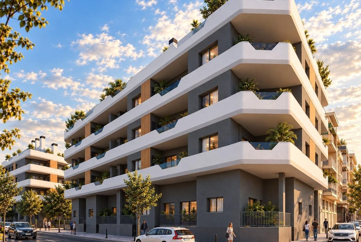 Street-level apartment building with balconies, planting and pedestrians in Santa Pola, Alicante