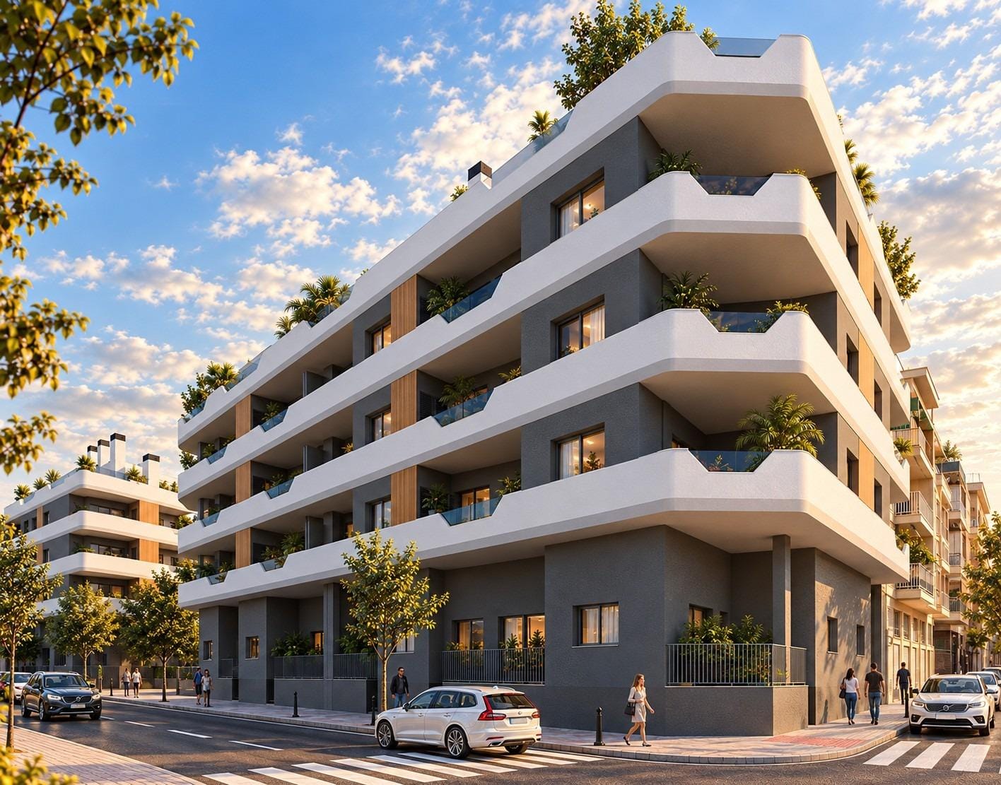New-Build-Apartments-in-Central-Santa-Pola-Near-the-Beach-9 Street-level apartment building with balconies, planting and pedestrians in Santa Pola, Alicante