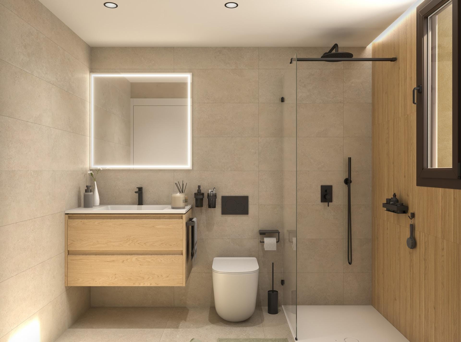 New-Build-Apartments-in-Guardamar-del-Segura-6 Bathroom with a wood-effect vanity, illuminated mirror and glass-screened shower in Guardamar del Segura, Alicante