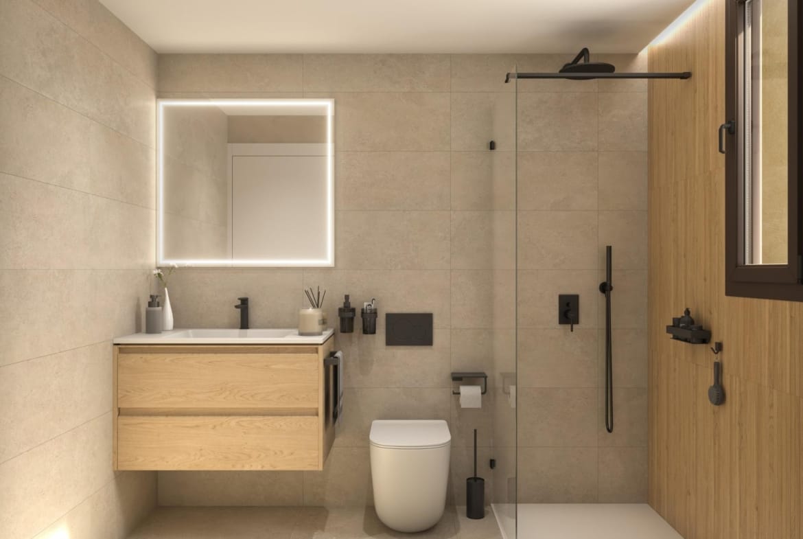 Bathroom with a wood-effect vanity, illuminated mirror and glass-screened shower in Guardamar del Segura, Alicante