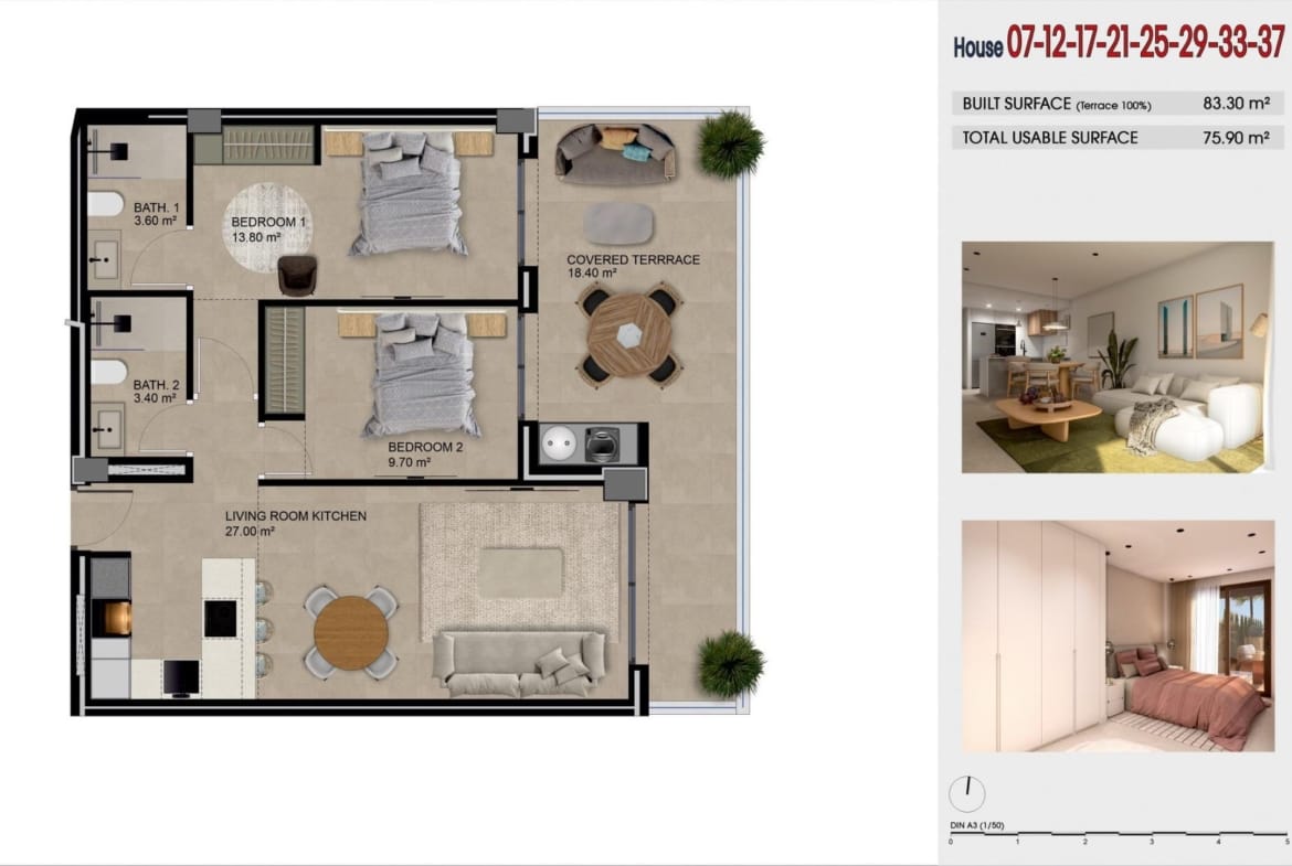 Apartment floor plan showing 2 bedrooms, 2 bathrooms and a covered terrace in Guardamar del Segura, Alicante