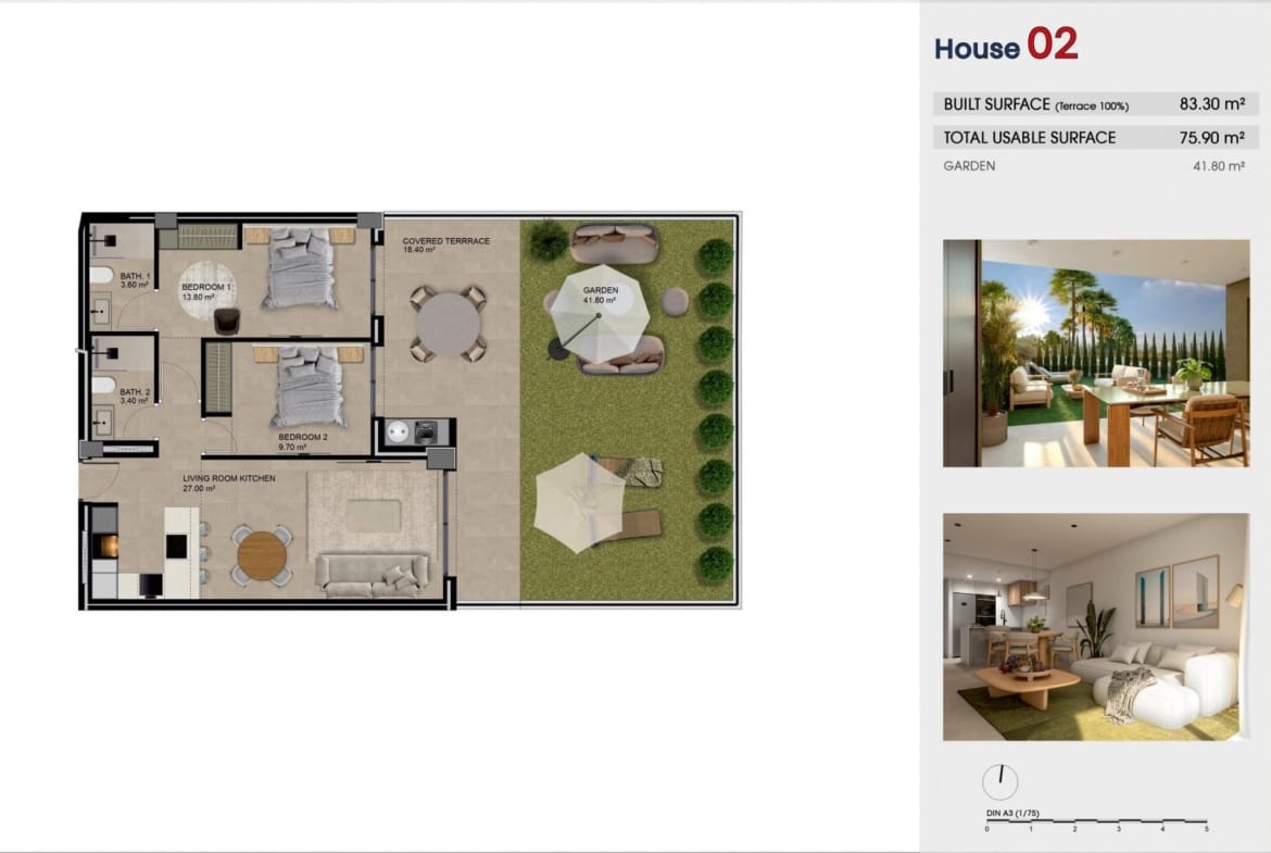 Ground-floor apartment plan showing 2 bedrooms, 2 bathrooms, a covered terrace and garden in Guardamar del Segura, Alicante