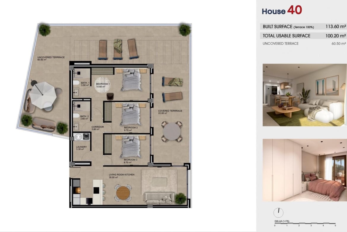 Penthouse floor plan showing 3 bedrooms, 2 bathrooms and a wraparound terrace in Guardamar del Segura, Alicante