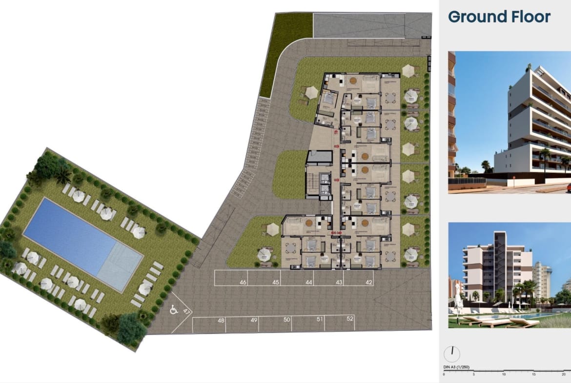 Development ground-floor site plan showing homes, gardens, a communal pool and parking in Guardamar del Segura, Alicante