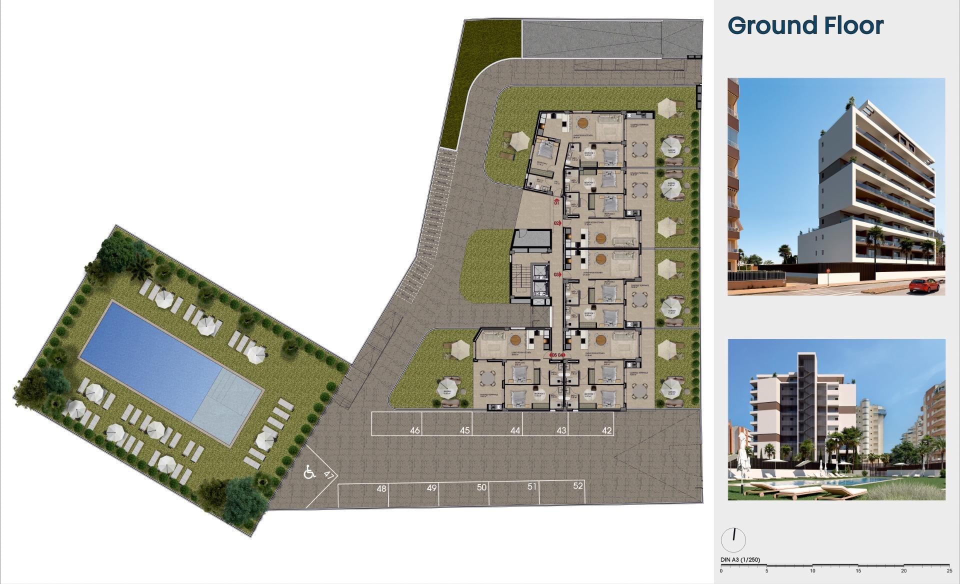 New-Build-Apartments-in-Guardamar-del-Segura-8 Development ground-floor site plan showing homes, gardens, a communal pool and parking in Guardamar del Segura, Alicante